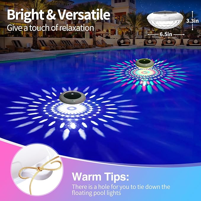Floating Pool Lights w/Remote, 6.5 Inch RGB Color Changing Solar Pool Lights That Float with 9 Dynamic Lighting, IP68 Waterproof Hangable Solar Floating Light for Pool Garden Weeding Decor(4)