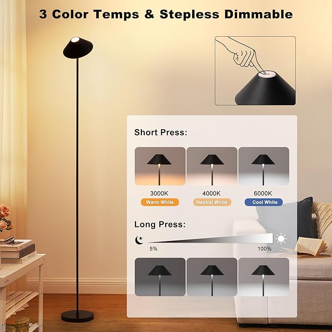 Rechargeable Floor Lamp for Indoor/Outdoor, Cordless Tall Standing Lamp with 3 Color Temps & Dimmable, IP43 Waterproof, Adjustable Height 16-59 Inch,LED Floor Lamp for Living Room, Patio(2 Pack)