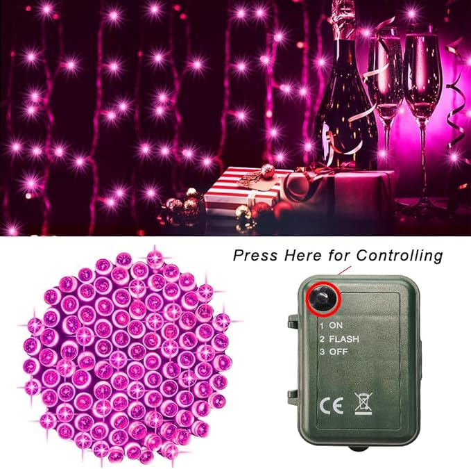 Pink String Lights Battery Powered, 2 Pack Total 33 FT 100 LED Pink Valentines Day String Lights for Indoor Outdoor Decoration, Twinkle Fairy Light for Valentines Day Decorations