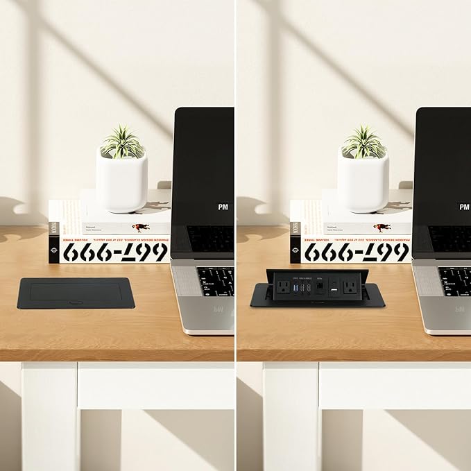 Table Pop Up Outlet, Desktop Pop Up Socket Center Countertop Socket Multimedia Strip Socket Connection Box Countertop with USB 3.0/2×AC/2×HDMI/USB-A/USB-C/LAN for Conference Desk Office (Black-3)