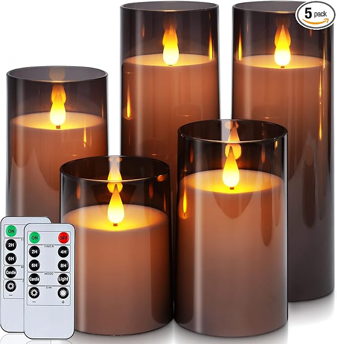 Homemory Gray Flickering Flameless Candles, Battery Operated Acrylic LED Pillar Candles with Remote Control and Timer, Halloween Decor, Set of 5