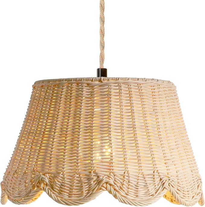 Plug in Scalloped Pendant Light, Rattan Hanging Lights with Plug in Cord 15FT Hemp Rope Cord, Dimmable Switch – Indoor Hanging Lamps for Boho Living Room Bedroom（Bulb Included） (Natural)