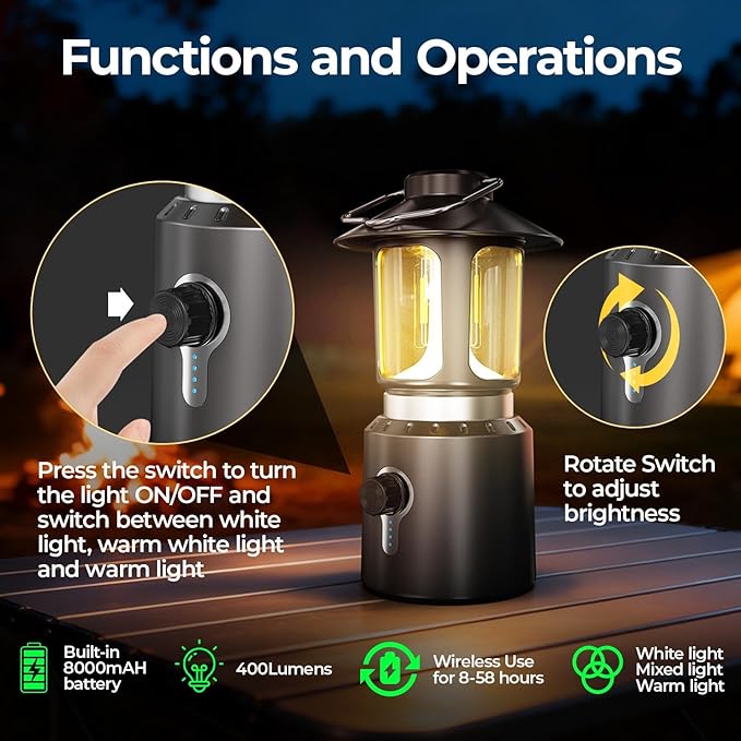 Telescopic Camping Lights Rechargeable,8000mAh Retro Classic LED Camping Lantern,3 Light Modes,Cordless Dimmable Camping Tent Lamp Portable Power Supply IPX4 Waterproof,Light for Indoor & Outdoor
