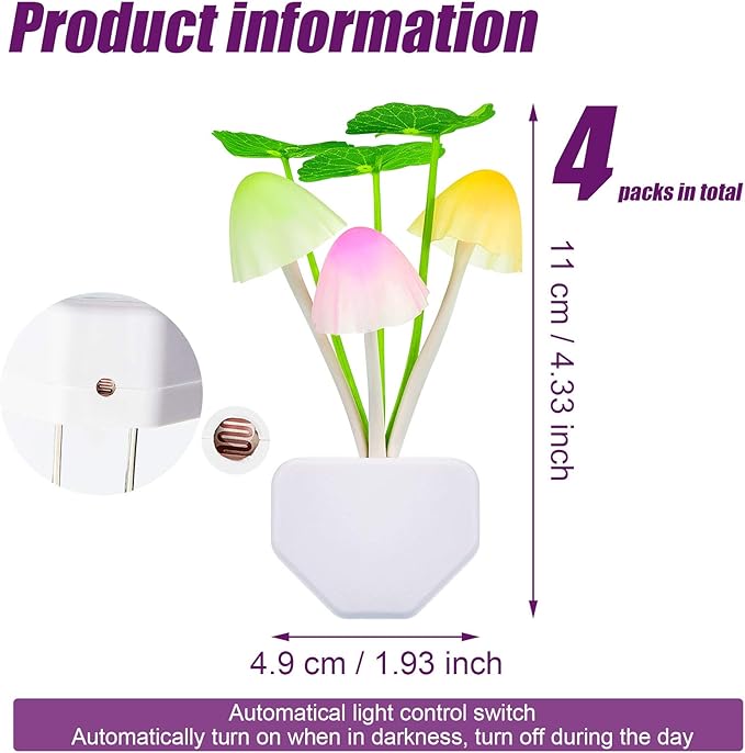 Mudder 4 Pcs Sensor Mushroom Night Lights LED Night Lights 7 Color Changing Plug-in Light Sensor Wall Lamp for Adults Bedroom, Bathroom, Christmas Party Gift(Lotus Leaf Style)