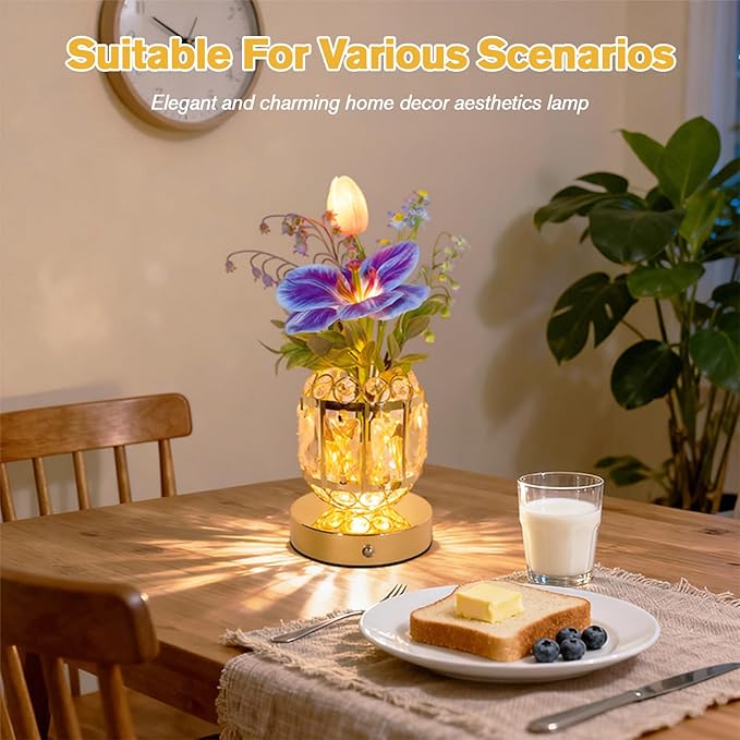 Flower Table Lamp, 3-Color Dimmable Tulip Artificial Flowers Night Light, Rechargeable Cordless Small Lamp, Ambient Light with Crystal Vase for Party Home Desk Decorations (Purple Blue - Flower)