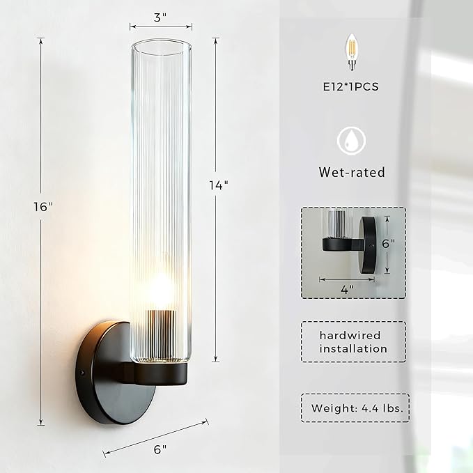 Radiant Fluted Textural Metallic Finish Glow Sconce,Bathroom Sconce,Bathroom Wall Lights,Bathroom Wall Sconces,Bathroom Sconce Lights (Matte Black)