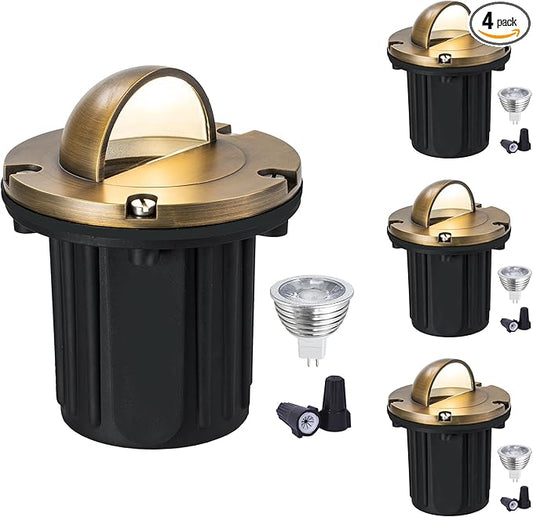 LumStory 4-Pack Brass Well Lights 12V Low Voltage Landscape Lighting LED Landscape Light Outdoor in Ground Lights with MR16 GU5.3 Bulb 5W 3000K Warm White(Beacon Top)