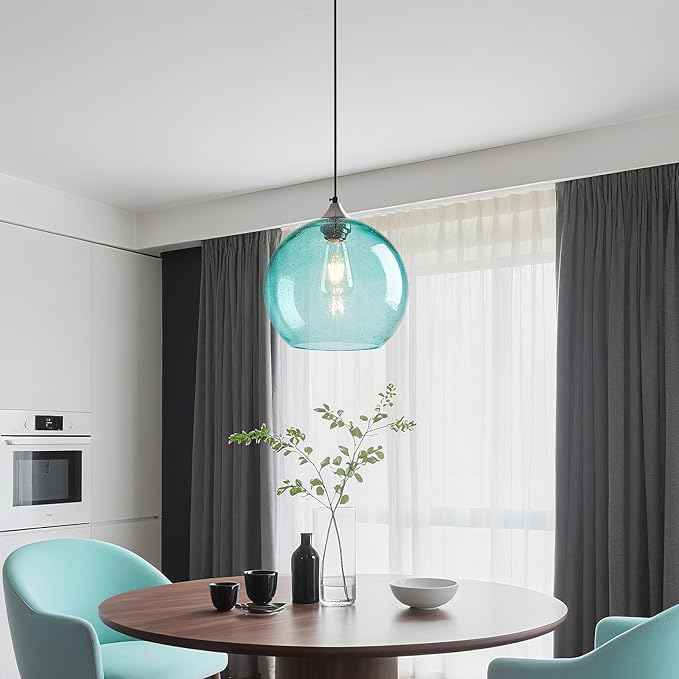 Light Blue Glass Pendant Lights Kitchen Island Globe Pendant Light Fixtures Modern Pendant Lighting for Bedroom Living Dining Room Light Fixture (9.84 in, 1 Pack)