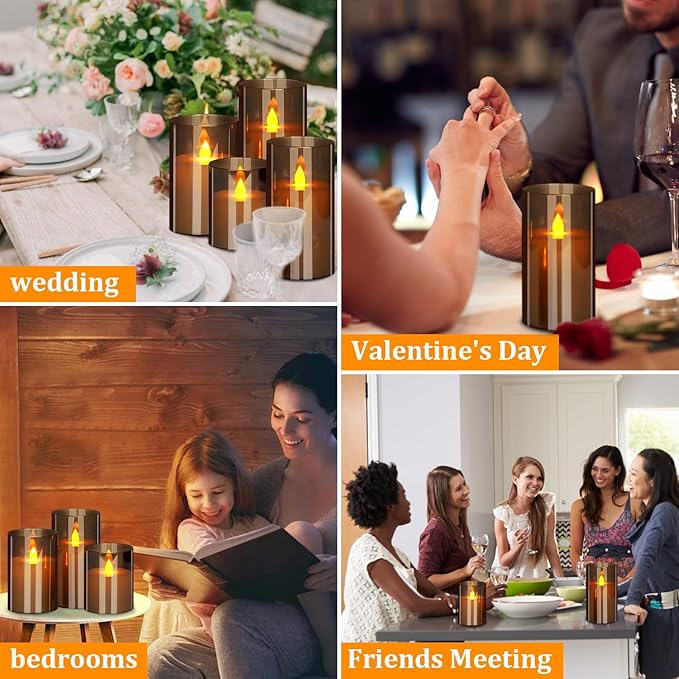 Flameless Candles 4" 5" 6" Set of 3 Acrylic Glass Pillars 3" Diameter Battery Operated Flickering Candles Include 8-Key Remote with Timer Function 400+ Hours (Gray, 3 Pack)