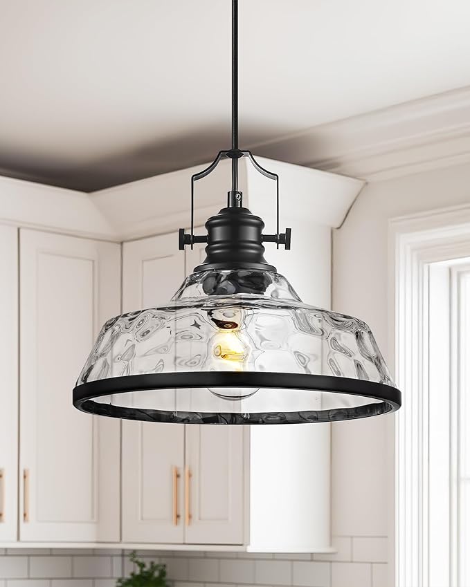 kudos 2 Pack Pendant Lights Kitchen Island, 11" Black Kitchen Island Lighting with Clear Hammered Glass Shade, Farmhouse Large Hanging Light Fixture for Kitchen Sink Dining Room, KDPL13-BK-H-2PK
