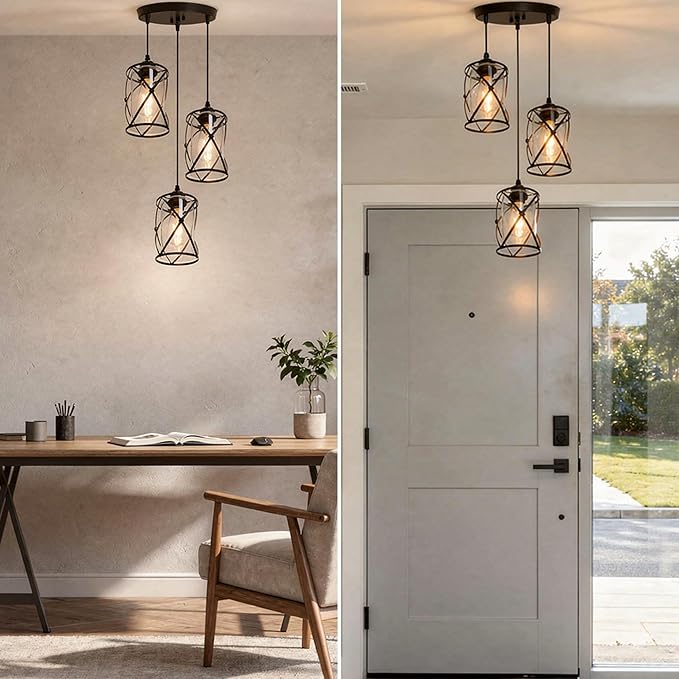 3 Light Pendant Lighting, Farmhouse Hanging Light Fixture for Kitchen Island & Dining Room, Industrial Vintage Ceiling Lamp with E26 Base, Adjustable Height, Matte Black with Glass Shades
