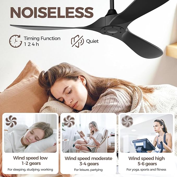 Black Ceiling Fan No Light, 52 in OutdoorCeiling Fans with Remote Control without Light, 3 Blades, 6 Speed Reversible DC Motor Modern for Patios, Kitchen, Bedroom, Porch (Black)