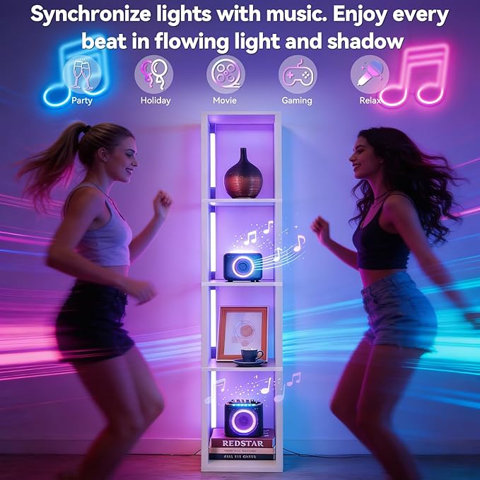 RGBCW Floor Lamp with Shelves, Smart Modern Floor Lamp with Music Sync, LED Color Changing Corner Display Shelf Lamp, Tall Lamps for Living Room and Bedroom, Bookshelf Lamp, White