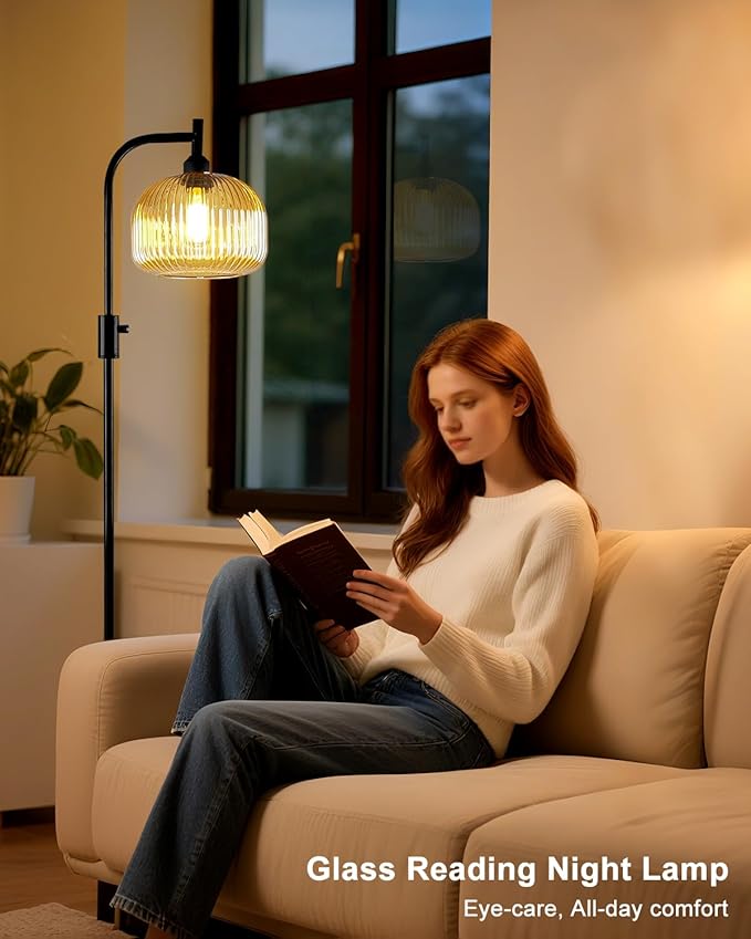 Lightdot 64IN Glass Floor Lamp for Living Room, Dimmable Modern Standing Lamps with Brown Ribbed Glass Shade, Industrial Floor Lamp with Bulb Included for Bedroom/Sofa Beside/Corner Decor-Black