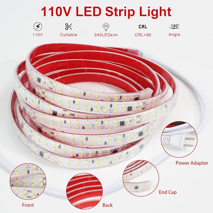 32.8ft Outdoor LED Strip Lights Waterproof IP65 Warm White 110V LED Light Flexible Cuttable Rope Lights 240LEDs/m 3000K Adhesive LED Tape Light for Bedroom Kitchen Cabinet Lights 10m
