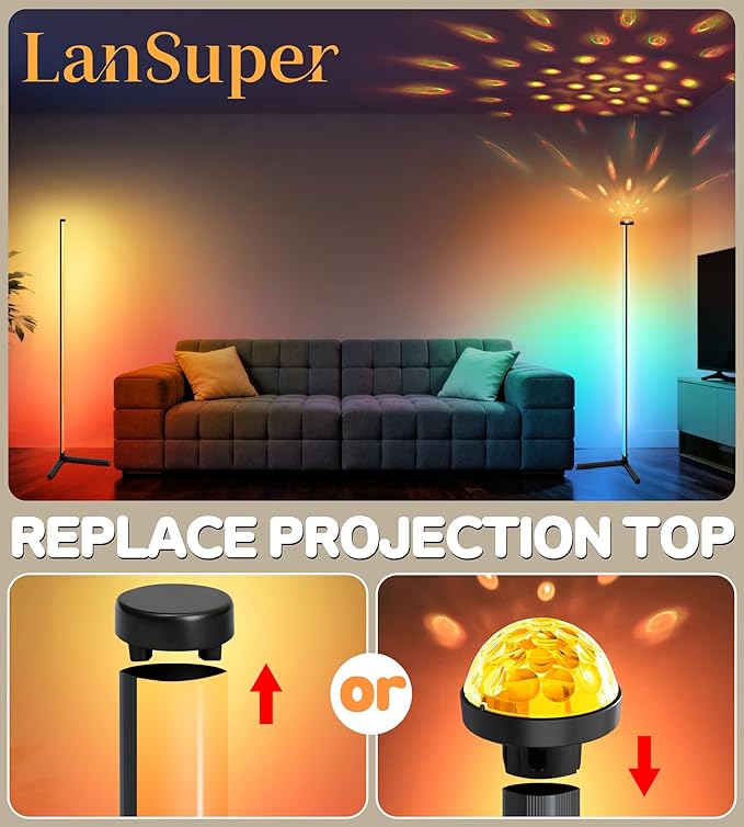 LanSuper Uplighter Corner Floor Lamp, Smart RGB LED Corner Floor Lamp,Modern Projector Floor lamp with APP & Remote,Ambient Lighting Color Changing Standing Lamp with Music Sync for Living Room