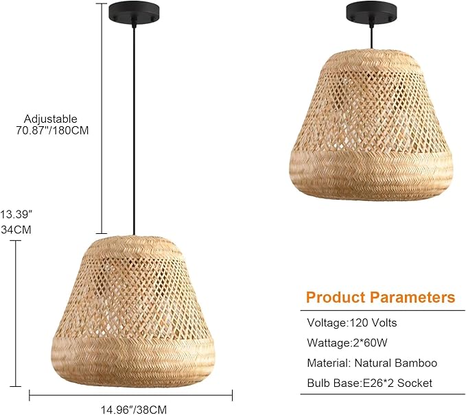 2-Light Rattan Pendant Light,Handmade Rattan Woven Wicker Boho Chandelier Light Fixture Kitchen Island Bedroom Living Room Dining Room Farmhouse Adjustable Height