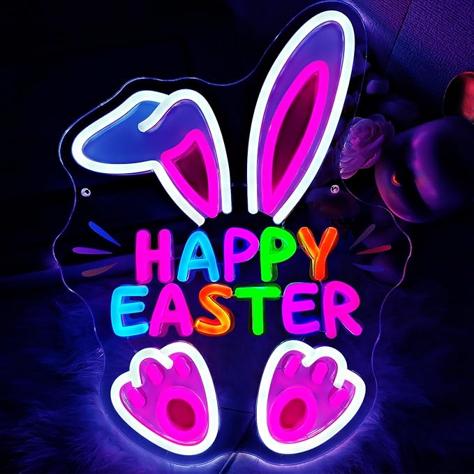 Happy Easter Neon Sign, LED Light Up Cartoon Bunny Decorations for Kids Bedroom, Nursery Room, Classroom, Home, Acrylic Wall Mounted Lighted Rabbit Decor, Easter Gifts for Boys and Girls, 14 x 10 Inches, USB Powered