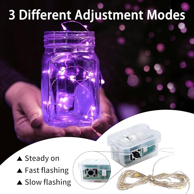 12 Pack Purple Fairy Lights 7Ft 20 LED Twinkle String Lights 3 Modes Battery Operated Waterproof Firefly Starry for Mason Jar Wedding Halloween Christmas Valentines Day Party Table Centerpieces