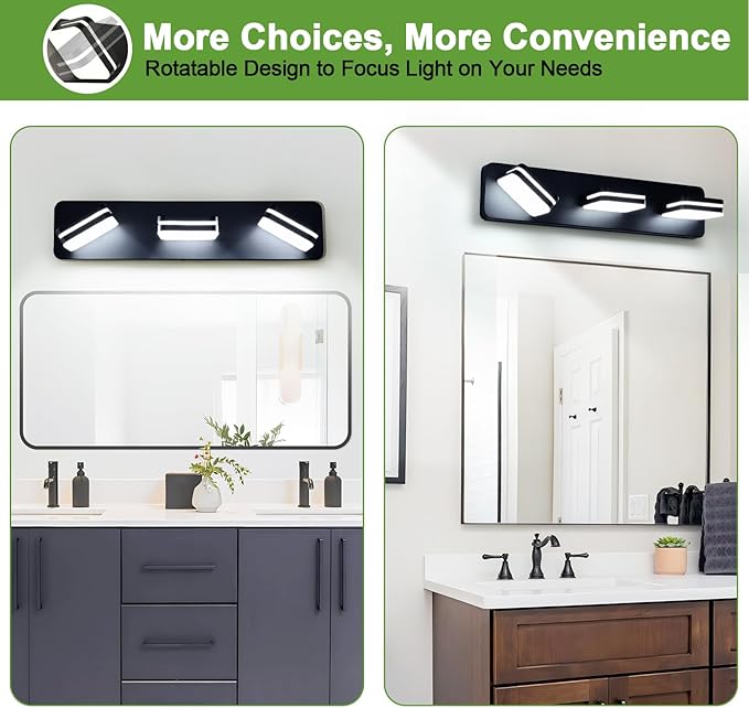 LED Modern Bathroom Vanity Light Fixtures (3-Light, 19-Inch), 360° Rotate Acrylic Matte Black Vanity Lights for Bathroom, Modern Wall Lighting Fixtures Over Mirror (Natural White Light 5000K 1300LM)