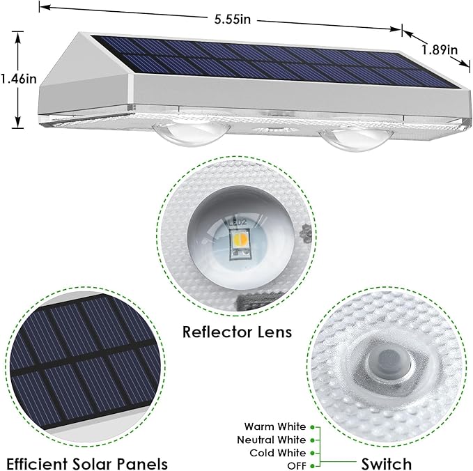 2 Pack Solar Fence Lights - 2PK Solar Outdoor Light Warm White/Daylight White/Cold White 3 Mode Deck Lights for Outside, Deck Fences, Stair Railings, Pools and Walls