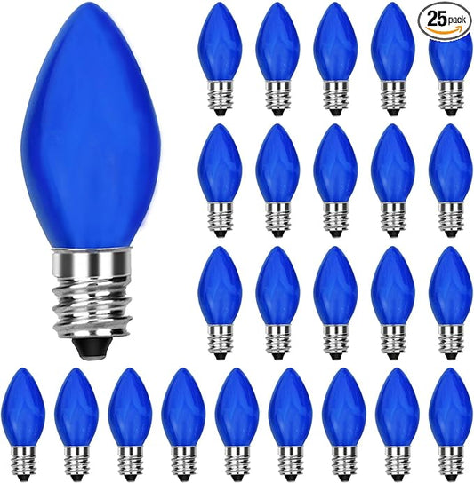 25 Pack Blue Light Bulbs,C7 Blue Replacement Spare Incandescent Patriotic Light Bulbs,5w Vintage Glass Ceramic Blue Light Bulbs C7/E12 Base for Memorial Day 4th of July Decorations