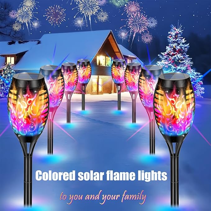 8 Pack Solar-Powered Flashlight Torches for Outdoor use,Waterproof IP65 Dancing and Flickering Flame Torches for Landscape Decoration, Suitable for Paths, lawns,(Colorful)