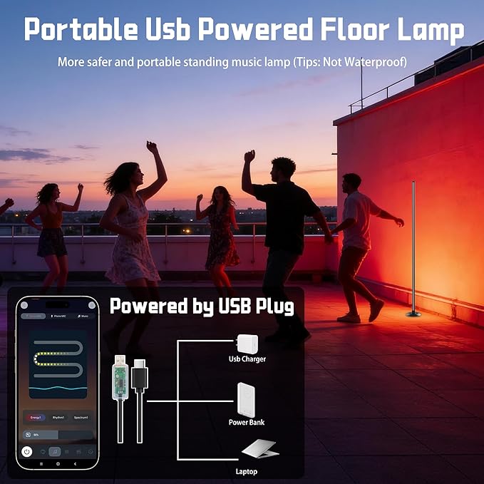 Led Corner Floor Lamp USB Powered with App & Remote Control, Color Changing Led Lamp Music Sync IC+RGBW, Timer, 64+ Music Modes, Standing Lamps for Living Room Lamp Bedroom Gaming Room, 1 Pack