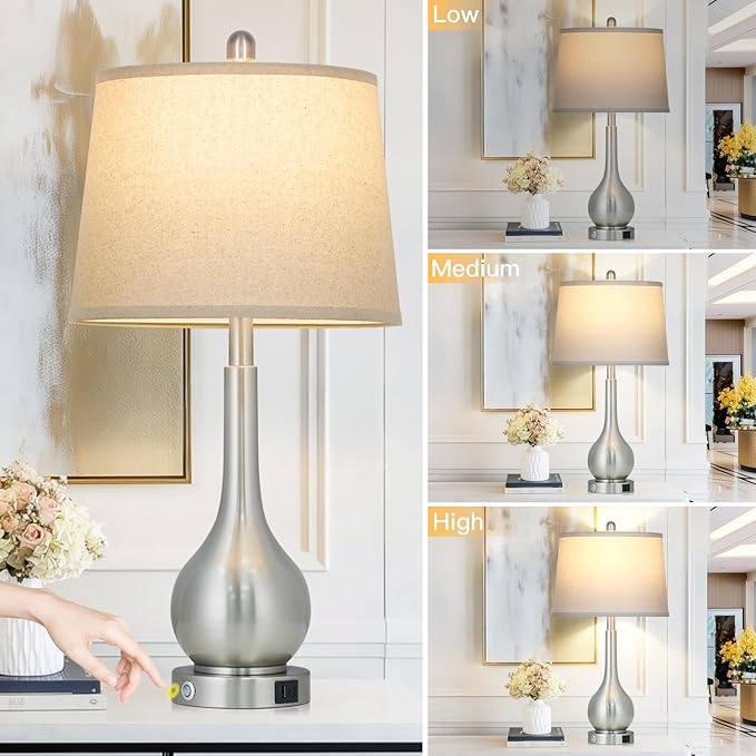 26" Silver Table Lamp for Living Room Single, Touch Control Bedside Lamp with USB Charging Ports, 3-Way Dimmable Brushed Nickel Bedroom Lamp for Nightstand (1 Pack)