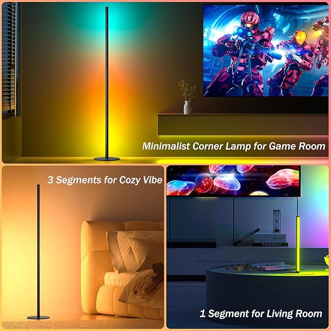 Corner Floor Lamp 2 Pack, 55" Minimalist Standing Lamp with Remote Control, Music Sync 16 Million Colors, Warm White Ambient Lighting, Color Changing LED Corner Lamp for Living Room Bedroom Gaming
