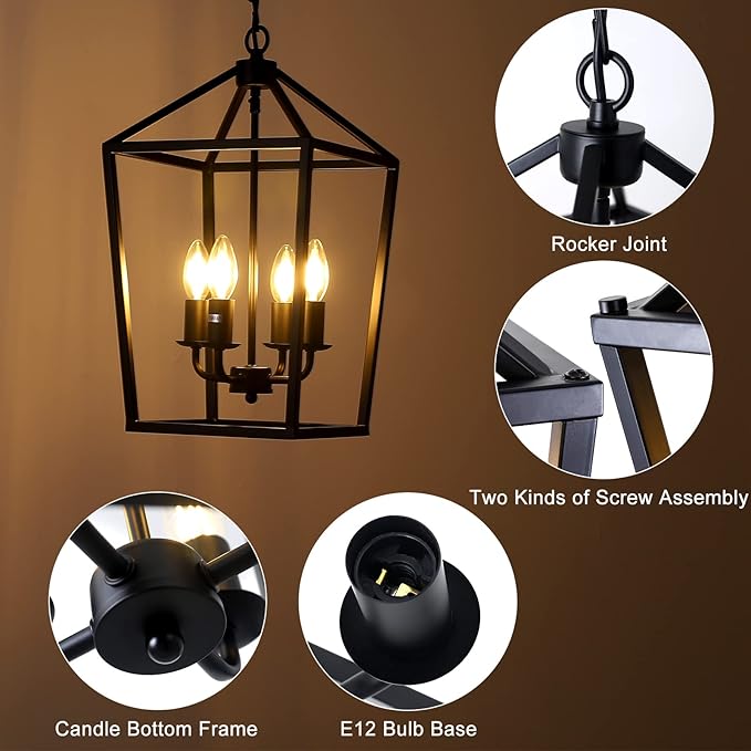 4-Light Black Farmhouse Chandelier Iron Lantern Pendant Light Rustic Cage Hanging Light Fixtures Industrial Foyer Lights for Kitchen Island Dining Room Hallway Foyer Entryway
