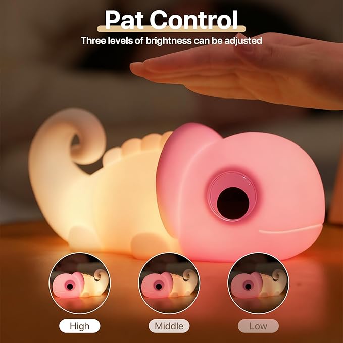 Cute Chameleon Night Light for Kids Rechargeable, Battery Operated Nightlight 3 Level Dimmable with RGB&Timer, Silicone Touch Nursery Lamp for Baby Girls Boys Bedroom Gifts