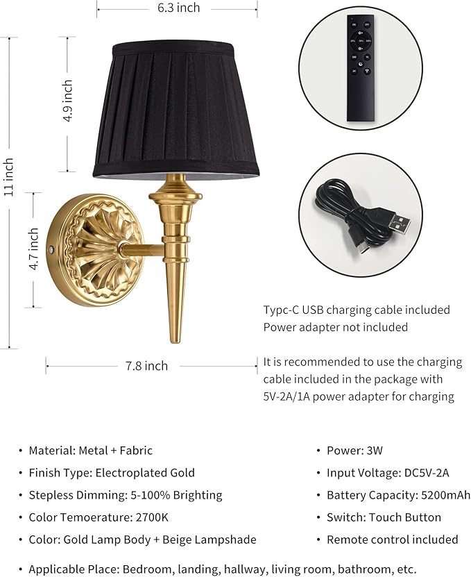 KDG Cordless Wall Sconces Set of 2, Small Wireless 5200mAh Rechargeable Battery Fabric LED Wall Lamps, Portables Lightings for Wall Painting, Living Room, Bedroom, Hallway, Gifts (Black Lampshde)