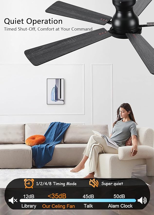 Ceiling Fans with Lights, 52Inch Low Profile Ceiling Fan with Light and Remote/App Control, Modern Flush Mount Black Ceiling Fan, 3CCT Dimmable, Reversible DC Motor, for Living Room,Bedroom