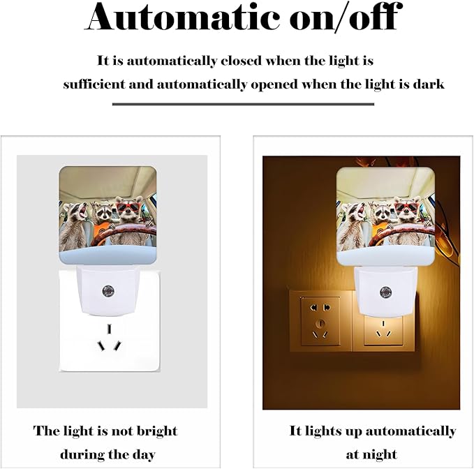 Three Cute Raccoons Night Light,Plug-in Nightlights Auto Sensor Night Lamp Dusk-to-Dawn Lamp Home Decor for Nursery Children Girls Boys
