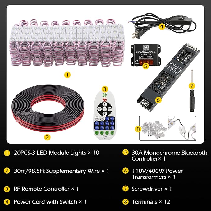 Dyna-Living 100FT White LED Storefront Lights APP Bluetooth & IR Remote Control 200PCS 3-LED 5730 SMD Module Light with Music Sync Mode IP68 Waterproof Storefront Light for Business