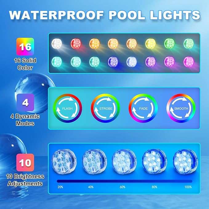 Creatrek Pool Lights with Remote Control, 16 Color Changing Battery Operated Lights, Hot Tub Lights for Pond Bathtub Halloween Pumpkin Decor 4 Pack