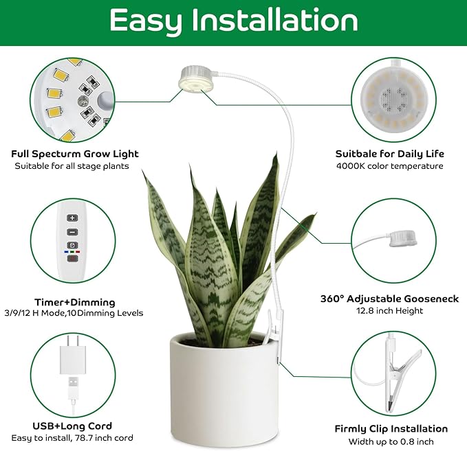 Grow Lights for Indoor Plants, Clip LED Plant Light for Growing Full Spectrum, Plant Lamp with Adjustable Gooseneck and Dimmable Auto On Off 3 9 12 Hrs Timer for Small Plants