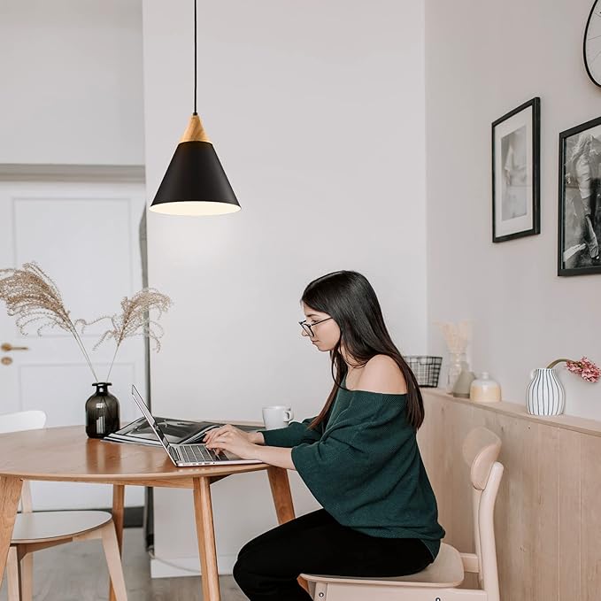 Black Pendent Light Fixtures 1 Pack 9.4 inches,Wood and Metal Kitchen Island Lights Ceiling Hanging,Pendant Lights Kitchen,Farmhouse Kitchen Light Fixtures for Bedroom,Hallway,Bar