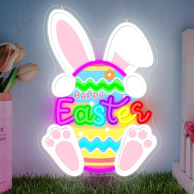 Easter Neon Sign Easter Bunny Egg Led Sign Dimmable Happy Easter Window Lights Printed Cute Bunny Light Up Signs Easters Gifts for Kids Teens Girls