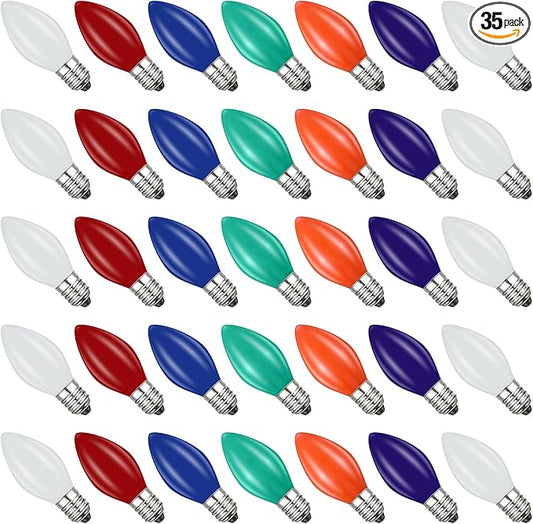 35 Pack C7 LED Christmas Lights Replacement Bulbs, 0.6W Vintage Multicolor Ceramic LED Bulbs for Outdoor Indoor String Lights, E12 Candelabra Base, Waterproof