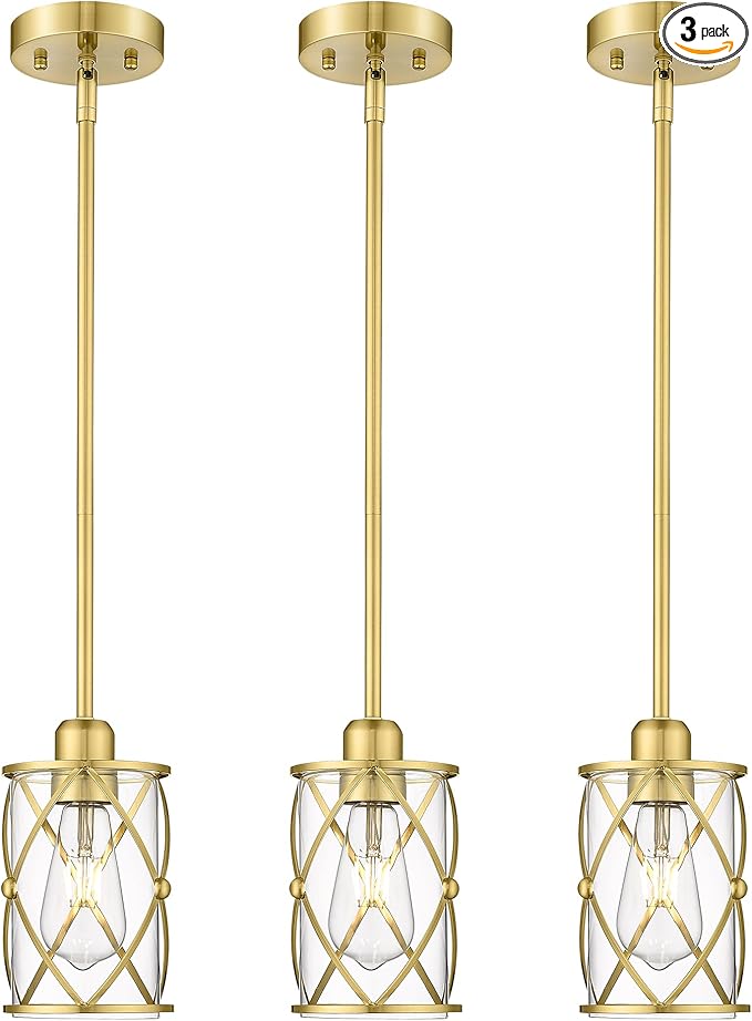 Brushed Gold Pendant Lights Kitchen Island 3 Pack, Glass Kitchen Pendant Lighting Over Island with Rod, Modern Mini Hanging Light for Kitchen Sink Dining Room, CH9176BG-3PK