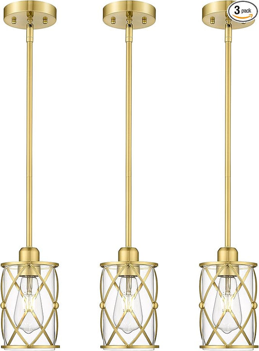 Brushed Gold Pendant Lights Kitchen Island 3 Pack, Glass Kitchen Pendant Lighting Over Island with Rod, Modern Mini Hanging Light for Kitchen Sink Dining Room, CH9176BG-3PK