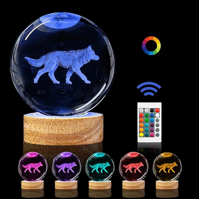 3D Wolf Crystal Ball Night Light,3.15in k9 Crystal Ball Lamp with 16 Colors Change,Wooden Base and Remote Control Wolf Figurine Statue Gifts for Kids