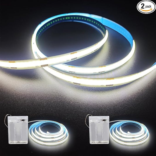 Battery Powered LED Strip Lights, 2Pack 3.3FT COB LED Light Strip, Battery Operated LED Lights, White LED Strip Lights Battery Powered for Closet, Cabinet, Shelf, Kitchen, DIY Lighting
