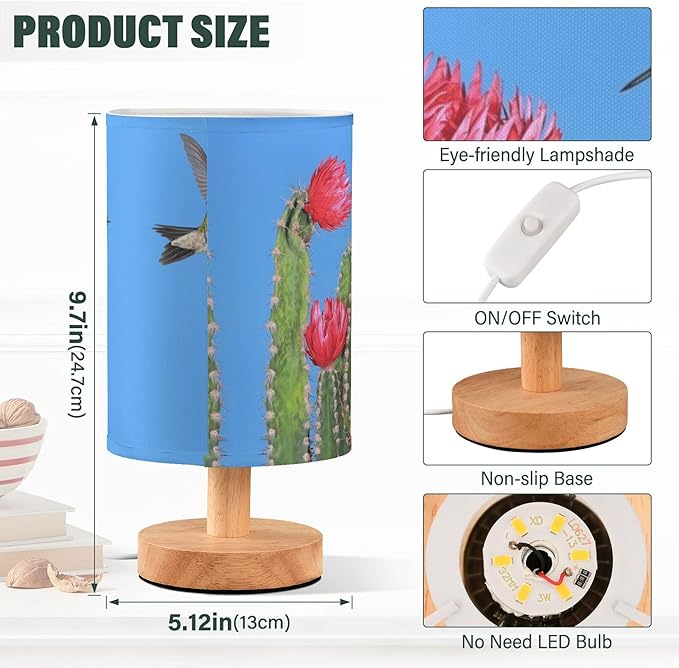 Table Lamp Hummingbird Couple Flying to Cactus with Red Flower Blue Sky Nightstand Lamp with Wood Base Fabric Lamp Shade Bedside Desk Lamp for Living Room Bedroom Kids Room Office