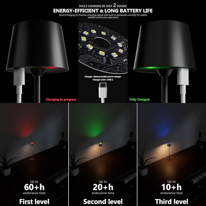 Compact Cordless Table Lamp, Rechargeable LED Night Light, Dual Light Source (RGB Top & Warm Bottom), Touch Control & Timer, Metal Lamp for Bedroom & Kids Room (Black 1pack)