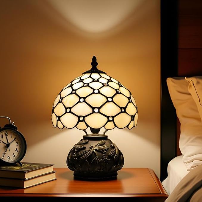 Small Tiffany Mushroom Table Lamp,Mini Memory Sympathy Antique lamp 8X11 Inch (Cream Bead)