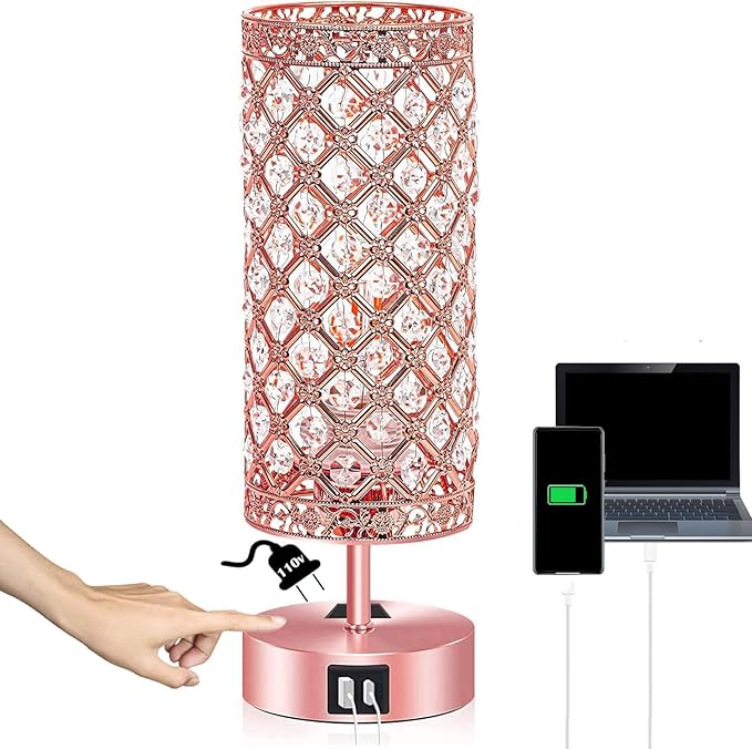Rose Gold Crystal Table Lamp, Pink Desk Lamp Room Decor Touch Control Nightstand Night Light Girly Bling Lamps with 4 Charging Ports & Bulb Included for Home, Office, Living Room