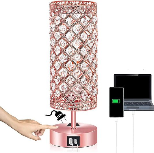 Rose Gold Crystal Table Lamp, Pink Desk Lamp Room Decor Touch Control Nightstand Night Light Girly Bling Lamps with 4 Charging Ports & Bulb Included for Home, Office, Living Room